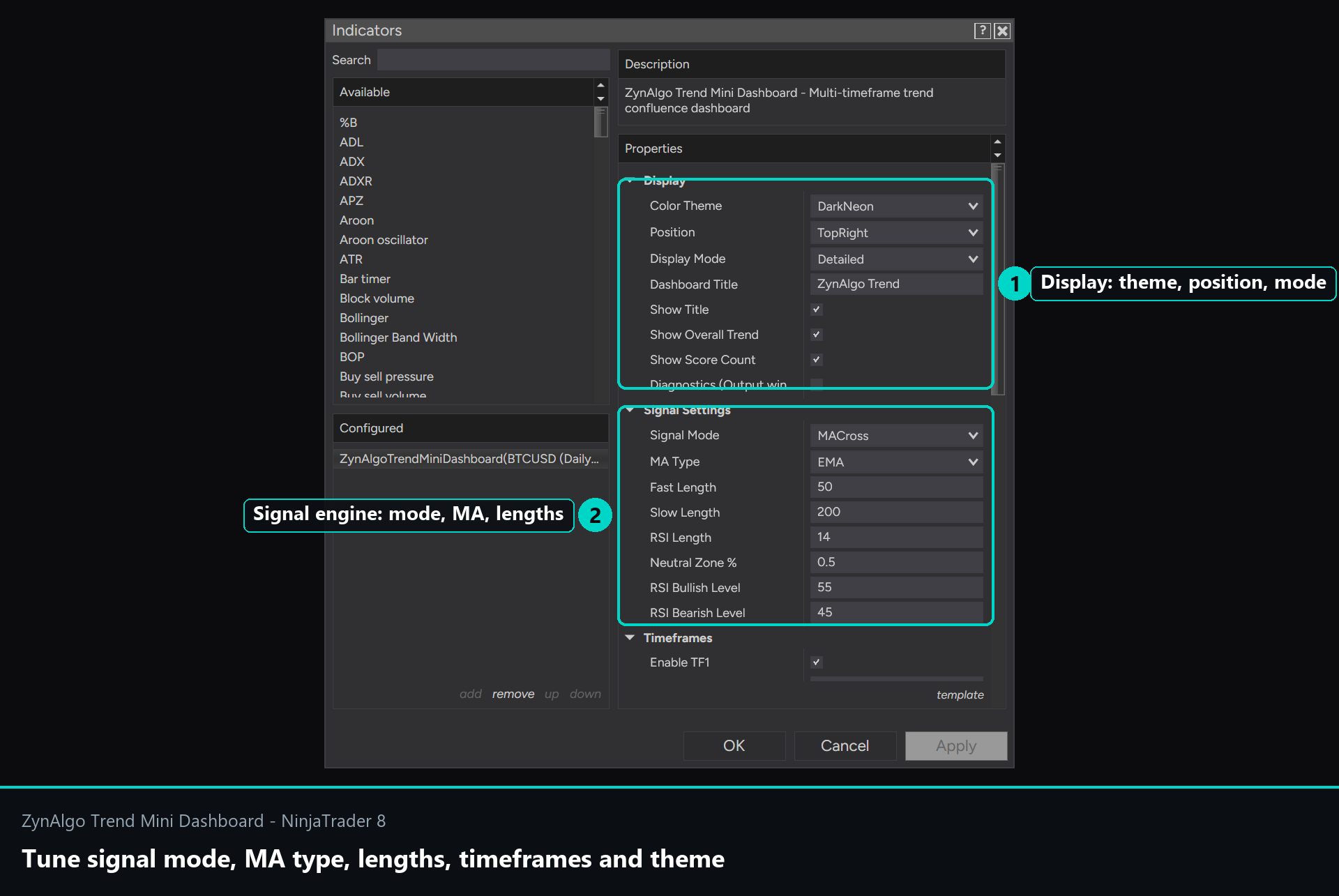 Figure 3 - Settings: signal mode, MA type, lengths, timeframes and theme
